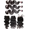 4PCS/LOT Human Hair Bundles z zamknięciem 4x4 Wave Body Remy Virgin Hair Extensions Pełna głowa Naturalna czarna JJ3H