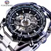 Forsining Watch Bracelet Set Combination Combina￧￣o de prata A￧o inoxid￡vel Squeleto masculino Transparente Mec￢nica Male Wrist Rel￳gios Clock2010
