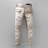Бежевый мужской облегающий крой Ридж Колено с потертостями и узкими хлопковыми джинсами уличная мода