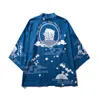 Erkek Ceketler Japonya Tarzı Kedi Baskılı Ince Kimono Erkekler Japon Streetwear Mavi Rahat Giyim1