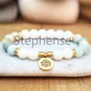 MG0624 New Design Polished Amazonite Bracelet Set White Beads Lotus Charam Bracelet Women's Yoga Wrist Mala Bracelet302S