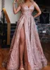 Sparkly Rose Gold South African Prom Bridesmaid klänningar med remmar en linje hög delad ruched kväll formell tävlingsklänning308v