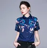 Nuovo elenco uccello Flora stampata manica corta blu navy camicette da donna primavera moda estate camicie da donna