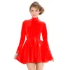 6XL High Quality PVC Turtleneck Mini Dress Women Sexy Bodycon Skater Dress Pleated Long Sleeve Back Zipper Performance Clubwear