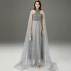 Women's Runway Dresses O Neck Sleeveless Sexy Tulle Laid Over Long Cape Elegant Party Prom Dresses