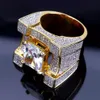 Zirkonia Eis Aus Bling Goldene Große Breite Hip Hop Ringe Gold Farbe Geometrische Männer Hiphop Rapper CZ Ring Schmuck