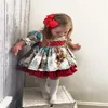 Retro Kids Baby Girl Christmas Princess Dress Santa Claus Print Puff Sleeve Lace Back Bow Party Ball Suknia Swing Sukienka 1-6y