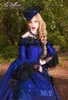 Royal Blue With Black Gothic Victoriaanse Trouwjurken Vintage Lange Mouw Puffy Princess Rok Corset Lace-Up Back Masquerade Bruidsjurken