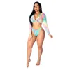 Multi Print Bikini Sets Summer Women Sexy 2 Piece Swimsuits Zipper Long Sleeve Crop Top Brief Sets Lady Beach Bathing Suit Sweamwear