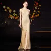 Moderne split vooraan champagne avondjurken Robe Longue luxe kristal sexy zeemeermin galajurken hoge hals vestidos de gala