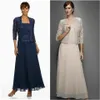 Navy Blue Beaded Mother of the Bride Dresses With Long Sleeves Jacket Square Neck Wedding Guest Dress Ankle Length Chiffon Formal Gowns