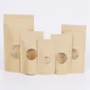 500pcs Zip Lock Standing Kraft Paper Bags with Round Window Kraft Pack Storage Dried Food Fruits Tea Electronic Product