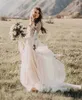 Vintage bohem plaj gelinlikleri dantel aplike uzun kollu gelinlikler şifon süpürme treni boho gelinlik