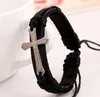 Vintage Leather Bracelets Bangles Metal Cross Jesus Charm Bracelet Adjustable Wax Cord Bracelet For Men Women