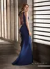 Syrenka Koronki Zroszony 2019 Afryki Suknie Wieczorowe Satin Navy Blue Prom Dresses Sexy Tanie Formalne Party Bridesmaid Pagews Suknie