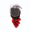 Ombre rojo brillante suelta la onda del pelo humano de Malasia 3 paquetes con cierre # 1B / Red Ombre pelo teje con 4x4 encaje frontal cierre 4pcs / lote