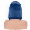 Pełne koronki ludzkie włosy peruki dla kobiet naturalny czarny niebieski kolor Remy włosy jedwabisty prosty krótki bob koronki przednie ludzkie włosy peruki