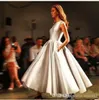 Modern Evening Dresses Tea Length Silver Jewel Neck A Line Dresses With Pocket Runway Party Celebrity Gowns Custom Made