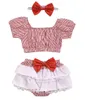I lager babyflickor kläder randig kostym + spets ruffle kjol + huvudband barnkläder toddler sätter outfits mode billiga uppsättningar by0826