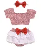 Em Suit roupa listrada + Lace Ruffle Skirt + Headband Kids' de Stock Bebés Meninas Vestuário Criança Define Outfits moda barata Define BY0826