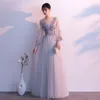 Elegant Gray Asian Embroidery Cheongsam lLong Dress Vestidos Chinos Oriental Qipao Evening Gowns Classic Party Dress Size XS-3XL