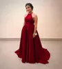 Simple Red Dresses Prom Satin Prom Vestidos O decote A-line mangas Formal vestidos de festa Correias Cruz Backless