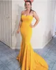 Yellow Evening Dresses Strapless Sleeveless Satin Court Train Mermaid Evening Dresses vestidos de fiesta de noche