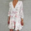 Fashion Lace V Neck Patchwork Summer Dress Women Three Quarter Sleeve Tassel Party Dress Elegant Floral Print Hollow Out Dresses