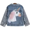 Unicorn Girls Jackets Sequin Cowboy Style Teens OuterWear Embroderi Fashion Girls Coat Barnkläder Kids Jean Jacket