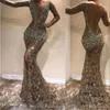 2023 Robes de bal sexy Bling sirène illusion trou de serrure col en V dentelle cristal perlé sexy dos ouvert fendu balayage train grande taille fête 210Q