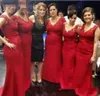 2019 Moda Vestidos largos de dama de honor rojos Cuello en V Encaje Satén Longitud del piso Vestidos de noche con cremallera Volver Por encargo Honor 1027