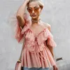 Women Vintage Ruffle Shirts Summer Blouse Top Off Shoulder Sexy Peplum Top Female Mesh Backless Feminine Blouse Blusas