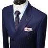 Mężczyźni Garnitur 2021 Głębokie Blue Stripe Podwójne Kierowniki Męskie Garnitury Z Spodnie Kamizelki Na Wedding Groom 3 Piece Set Business Man Nosić Plus1