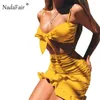 NADAFAIRハイウエストラップボディコンドレス女性夏黄色赤作物トップフリルセクシーパーティービーチRUCHEDミニスカート2ピース1セット