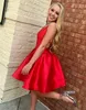 New Arrival Sleeveless V Neck Simple Red Short A Line Homecoming Dress Strappy Short Prom Dress With Open Back