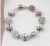 Modisches 925er-Sterlingsilber, rosa, lila, funkelnde Tropfen, Blumen-Armband, Kristall, europäische Charm-Perlen, passend für Charm-Armbänder, Armreif 9123901