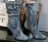 2019 fabriek ontwerp winter lente blauwe denim vrouwen schoenen vierkante hak korte pluche hoge hak laarzen bottes femme