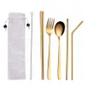 Vaisselle en acier inoxydable Set cuillère fourchette baguettes paille avec paquet de tissu couverts pour voyage bureau en plein air pique-nique barbecue RRA1899