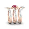3 pezzi set squisito oro rosa 18 carati con rubino fiore anello anniversario proposta gioielli donne fidanzamento fede nuziale anello set compleanno par5230773