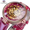 CWP 2021 Forsining Montres Mode Golden Skeleton Diamond Design Rouge Bande de cuir véritable Lumineux Lady Mécanique Top Marque de luxe