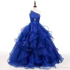 Royal Blue Princess Flower Girl Jurken Bling Bling Crystals Eén schouder Organza Gegolfde A-lijn Lange Meisjes Verjaardagsfeestjurken