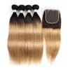 T1B27 Human Hair 4 wiązki z 44 koronkowym zamknięciem proste ombre kolor miód blondynka przedpolowana indyjska przedłużenie 5048769