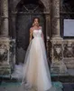 2020 A Line Wedding Dress Spaghetti Applique Pearls Sequins Tulle Wedding Dresses Sweep Train Boho Bridal Gowns