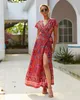 Seksi V Yaka Bölünmüş Çiçek Maxi Elbise Boho Rahat Uzun Şifon Yaz Plaj Elbise Kadın Güzellik Vestidos
