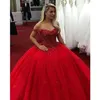 Beaded Crystal Red Prom Dresses 2019 Puffy Ball Gown Party Dress Lace Up vestido de festa Formal Evening Gowns Pageant Quinceanera Dresses