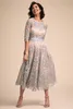 BHLDN Mother Of The Bride Dresses Jewel Neck Lace Appliqued Tea Length Half Long Sleeve Evening Gowns Plus Size Prom Dress Party W242j