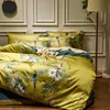 4st Silky Egyptian Cotton Yellow Chinoiserie Style Birds Flowers Däcke täcker Bedarkmonterat ark Set King Size Queen Bedding S5683174