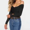 Höst Ny Solid V Cut Off Shoulder Långärmad Skörd Toppar Kvinnor 2019 Stickad Smocked Wrap Basic Skinny Bodice Short T Shirt