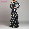 Fashion-Elegant Women Robe Long Sleeve Printed Dress Fashion Spring Summer Sexy Boho Dress Slim Long Party Vestidos