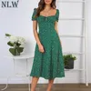 NLWビーチボヘミアン夏2019女性ドレスヴィンテージパーティーエレガントな女性ドレスMidi Rufple Green Dresses Vestidos T5190615